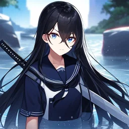 Clear focus,8k,Beatiful Lighting,Beatiful Blur,Beatiful Face,Beatiful Shading,Black long hair,silky hair, long silky bangs, dark blue eyes, wearing a sailor uniform outfit, Hair in eyes, lot of hair, Holding a katana, Ready to fight, Controlling water