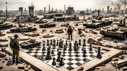 Israeli soldiers and tanks stand on a very large chessboard in the middle of a destroyed city