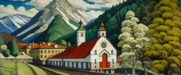 A white mountain with a train station painted by Paul Ranson