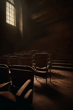 "A very old cracked dirty abandoned chairs of an abandoned theater with damaged stage and ripped curtains , ,insanely detailed octane render trending on artstation, 8k artistic photography, photorealistic concept art, soft natural volumetric cinematic perfect light, chiaroscuro, award-winning photograph, masterpiece, oil on canvas, Raphael, Caravaggio, Greg Rutkowski, people, beksinski, Giger