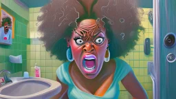 angry black lady on the phone in the bathroom near sink