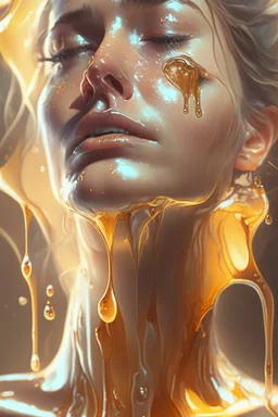 transparent Liquid honey dripping on woman face, photorealistic beautiful woman, light hair, full body, cover, hyperdetailed painting, luminism, Bar lighting, complex, 4k resolution concept art portrait by Greg Rutkowski, Artgerm, WLOP, Alphonse Mucha,