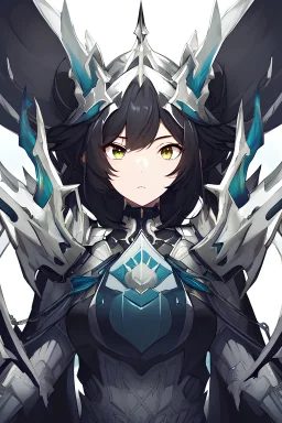 Anime girl with short black hair and sharp green eyes holding a menacing spear, black and white metal armour, portrait