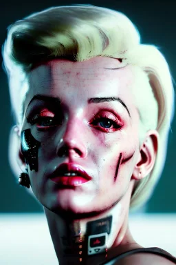 Ultra Realistic image, portrait, blonde woman, sweet Marylin Monroe face, perfect iris, glow eyes, makeup. Cyberpunk style, oversized transparent latex coat, yakuza tattoos. fog, rain, soft color, highly detailed, unreal engine 5, ray tracing, RTX, lumen lighting, ultra detail, volumetric lighting, 3d, finely drawn, high definition, high resolution.