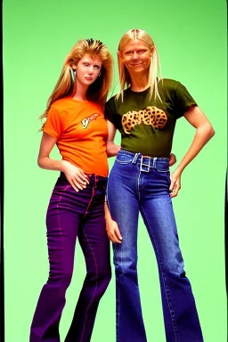 year 1996 denim fashion. Loose fit, low waist, baggy, Combat pants and t-shirt. Colors: denim blue, blue, purple, khaki, light green, lilac, plum, orange, terracotta, red, pink, dark blue, beige. Women models. Patterns: cheetah, balls, stripes.Jennifer Lopez, Gwyneth Paltrow, . Big tennis shoes on. Cargo pants. leg warmer