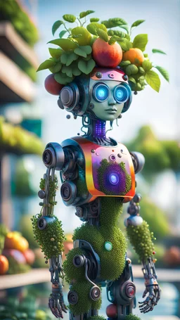 a full body portrait of a vegan hippie cybernetic robot made of living plants in all colors and tasty fruits growing, and having a sentient look in its eyes, like a buddha, on a glass pier,bokeh like f/0.8, tilt-shift lens 8k, high detail, smooth render, down-light, unreal engine, prize winning
