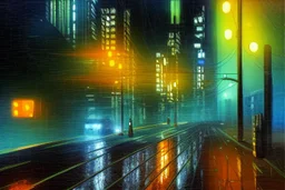 Night, cyberpunk buildings near pine trees, impressionism painting