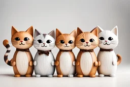 3 Cute happy cats Figures in wood lively over white background