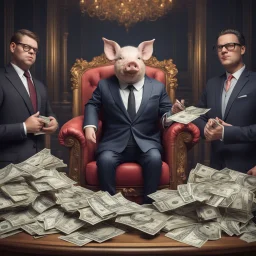 rich pig in suit on a throne making stacks of money by making a deal with a buisnessman. background of musicians