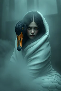 Mujer mitad oca, envuelta en niebla, con plumas oscuras y ojos brillantes, en un entorno misterioso, con texturas realistas y sombras profundas, en estilo 3D inspirado en los trabajos de Ash Thorp,Simon Stalenhag y Loish, con un toque de surrealismo y misticismo.