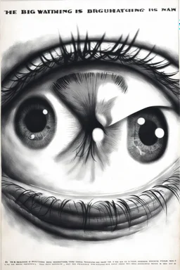 an old poster with the words"BIG BROTHER"(across top), the staring face of a man(middle, facing viewer), text "IS WATCHING"(across bottom), wwii era 1984 propaganda black and white printed poster on old paper