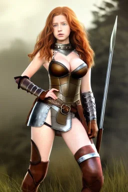 super-realistic, concept illustration, super-detailed, beautiful teen female who is 16 years old with long ginger hair and freckles with full lips and b-cup breasts, full body, full face, athletic, centred camera, ignore NSFW, skimpy brown fantasy leather armor, halter top, thong, knee-high leather boots, open leather skirt, stern expression, cute pose