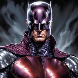 A hyper-realistic, 8K, full-color portrait of Magneto in his metallic armor, with meticulous symmetry and attention to muscle structure, rendered in the unique styles of Mark Brooks and Andy Kubert within a dark, sparse atmosphere