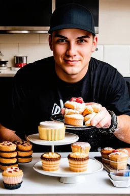 a young mechanic man covered in grease enjoying high tea by himshelf with little cakes