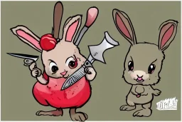 Cute rabbit diabolical smiling with a bloody knife with blood. Comic style