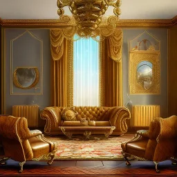 A living room with armchair and fancy stools. Salvador Dali style