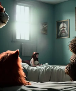 Realistic bedroom scene. big furry monster sitting next to human girl from behind. Wes Anderson style. Red hair, smile, happy, gradient color fog. highly detailed, concept art, unreal engine 5, ray tracing, RTX, lumen lighting, ultra detail, volumetric lighting, 3d, finely drawn, high definition, high resolution.