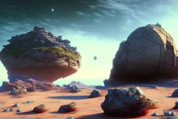 house, exoplanet in the horizon, big stones, cliff, science fiction, epic scene.