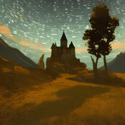 Вечерняя сцена с маленьким замком на горе под ярким звездным небом, проработанный, детализированный, острофокусный, цифровой пейзаж, иллюстрация Artstation, вдохновленный работами Исаака Левитана и Винсента ван Гога, мягкий свет отраженного света, в стиле Unreal Engine 5, 4K UHD изображение.
