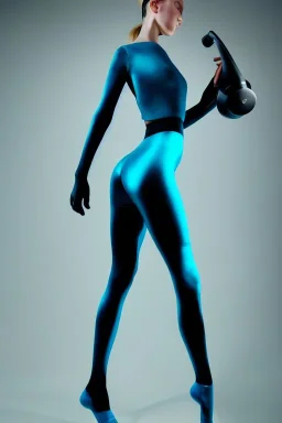 Lay figure woman with plastic milky, plank skin. Haute Couture 90's. Light from right. Silver, black, Cyan. Big AKG headphones. Golden rings and discs. Thick tights, Thick calves, Curved fell, Wide hip. Two torsos are growing from the long tippet of earlier torso. Torso fractals. Outer most head, blinking one eye. Post-apocalypse. anti-technology. Technological singularity. Fake smile, camera-eyes, cables, selfies, 3D-tiles background, cyber-punk full-mask. Absorbed artifacts. Limb-fusions.