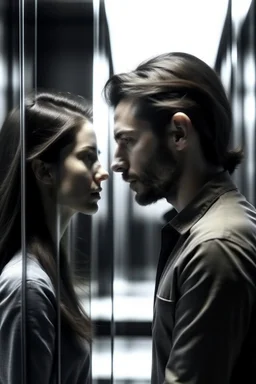 A woman and a man separated by a glass wall prevents the girl from crossing to the man her hair is long black Photorealistic