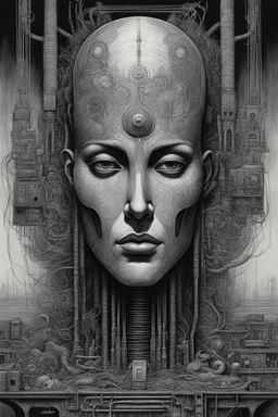 a Indian fathers on and with computer chips and a smoke in the background dark a thin line draw ، front view camera, decayed and proportions and imagery. surreal chorror, biomechanical design, by hr giger and beksinski , fine lines draw