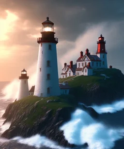 Fantasy, light house, unreal engine, waves crashing, 8k, lifelike