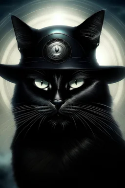 Create an image of a majestic black cat with a unique white casque perched atop its head, exuding an aura of mystery and intrigue