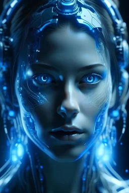 beautiful cyborg face in full view, blue data and blue numbers flying around, magical technological portal from the future, journey into the healing power of nature, photorealism, perfect composition, cinematic frame, complex details, hyper-detailed