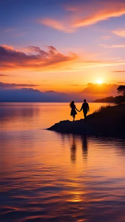 a couple taking a leisurely stroll hand in hand during a romantic sunset. Highlight the rich colors of the sky and the serene beauty of their shared moment