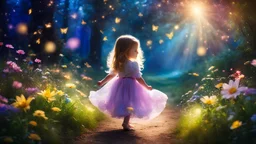 Une douce petite enfant erre dans son monde enchanté, Parmi les merveilles, elle adore explorer. Nuit enchantée, fleurs magiques, arcs-en-ciel de lumière, lucioles dansantes, fées lumineuses. Ses rêves sont vastes, pleins de beauté, Chaque instant est un nouveau bonheur. Dans son univers, tout est merveilleux, Un monde imaginaire, tendre et lumineux. Bel éclairage, composition attrayante, photoréaliste, extrêmement détaillée, clair-obscur, règle des tiers.