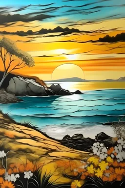 Crear una imagen al estilo Dalí que refleje un paisaje de costa, estando en primavera con un día que se presenta soleado aunque pronto llegará el atardecer.