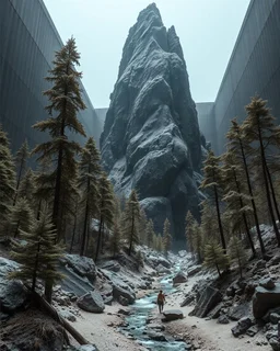 Photograph, NO PEOPLE, a mass of terrain, giant museum space, trees, black pillars, high walls, high peak in a room, rag, powder, brook, sediments, deflagration of the background, geological formation, light, architecture, minimalist, details of the terrain very accentuated, 8k, deep 3d field, sharp, brutalist, hasselblad h6d400c --ar 85:128 --v 6.0