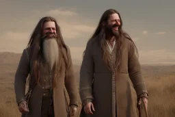 Laughing braided long haired bearded tall man wearing rugged long merchant's coat, medieval fantasy