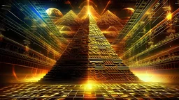 Ultra High quality hyperrealistic Egyptian hieroglyph wall with pharaohs and pyramids, glowing Procedurally generated sharply separated contours with glowing misty mystical background and foreground golden lightning and colourful dust, bottom view, golden ratio, retro futuristic horror fantasy psychedelic style