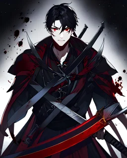 Boy holding a sword with a look of murderous intent, black hair and red eyes, Wears a stealthy outfit, he has a symbol with the letter Z in the middle on his clothes, his hair is short, on his sword there was blood, black background reminiscent of a nightmare