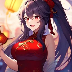 Clear focus, 8k, high quality, detailed, beautiful lighting, girl, vibrant colors, white long hair, vibrant red eyes, messy hair, ponytail, chinese clothes, laughing,