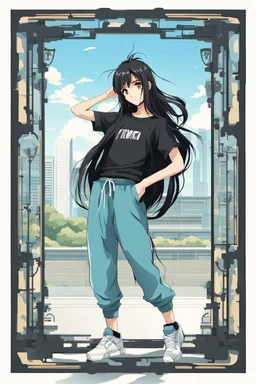 attractive anime woman with black long hair, t-shirt and sweatpants, full body in frame,