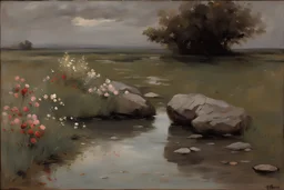 grey sky with one planet in the horizon, rocks, mountains, puddle, flowers, spring, epic, alfred stevens and philipp franck impressionism paintings