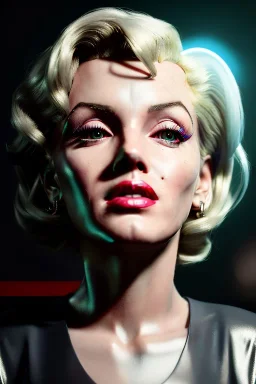 Ultra Realistic image, portrait, blonde woman, sweet Marylin Monroe face, perfect iris, glow eyes. Cyberpunk style, latex coat. soft color, highly detailed, unreal engine 5, ray tracing, RTX, lumen lighting, ultra detail, volumetric lighting, 3d, finely drawn, high definition, high resolution.