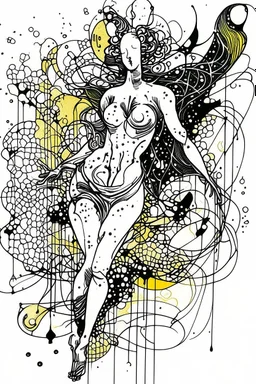 Ink drawing graphics venus excitante figures , line drawing, white background, negative space, splashes of soft colours