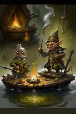 a dwarf and a goblin are fishing and greedily eating fish cooked over a small bonfire. Behind the two stands the shadow of what appears to be an aristocratic hunter in a silver silk suit complete with waistcoat, tie, tall hat and silk gloves. His shiny leather boots with brass buckles. he has raised behind him a thin silvery wooden stick on which leaves are still sprouting, and with which he intends to hit the two adventurers Beneath the realistic fox mask, which falls across his chest, his face