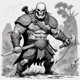 [mexican high res photo Head Lopper style by Andrew MacLean] the tattooed warrior moves with the fluid precision of someone who's spent a lifetime turning potential death into momentary survival. His weapon cleaves through the ghoul in a single, brutal stroke.