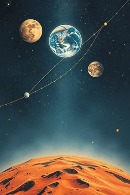 the stars with earth and other planets in it,Bosch painting style, show a shot of a view of Mars surface, thin lines draw style