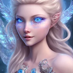 visage souriant, fée du nord, fantasy, grands yeux bleus, cheveux long blond, bleu et rose