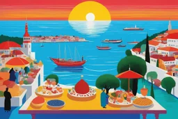 [dask surreal fantasy illustration by David Hockney] In a slightly altered version of our world, Istanbul pulses with life where the ancient and the fantastical intertwine. Markets brim with vibrant colors and enticing aromas, while cafes buzz with the chatter of locals and travelers alike. The Bosphorus Strait, shimmering under the sun, serves as both a stunning natural barrier and a vital artery, separating continents and cultures.