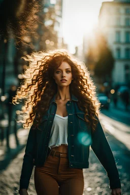 Beautiful woman, beautiful face , long curly hair, that is standing on a sidewalk, wearing jeans, trending on unsplash, viennese actionism, anamorphic lens flare, dynamic pose, shallow depth of field, dreamlike, nature-inspired, romantic, whimsical, fantasy art,dreamy