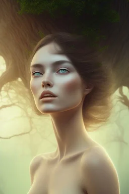 portrait photography of ethereal beauty, 8K, under neck long oak tree roots, a woman's head, sunny, mist