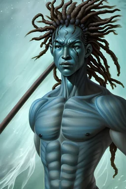 A young male water genasi with deep blue skin color, water shape like dreads on head. Shaolin monk with long stick weapon