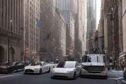 A Tesla 'Semi' (semi truck) is parked, on 'Wall Street', in New York. (CINEMATIC, WIDE ANGLE LENS, PHOTO REAL)